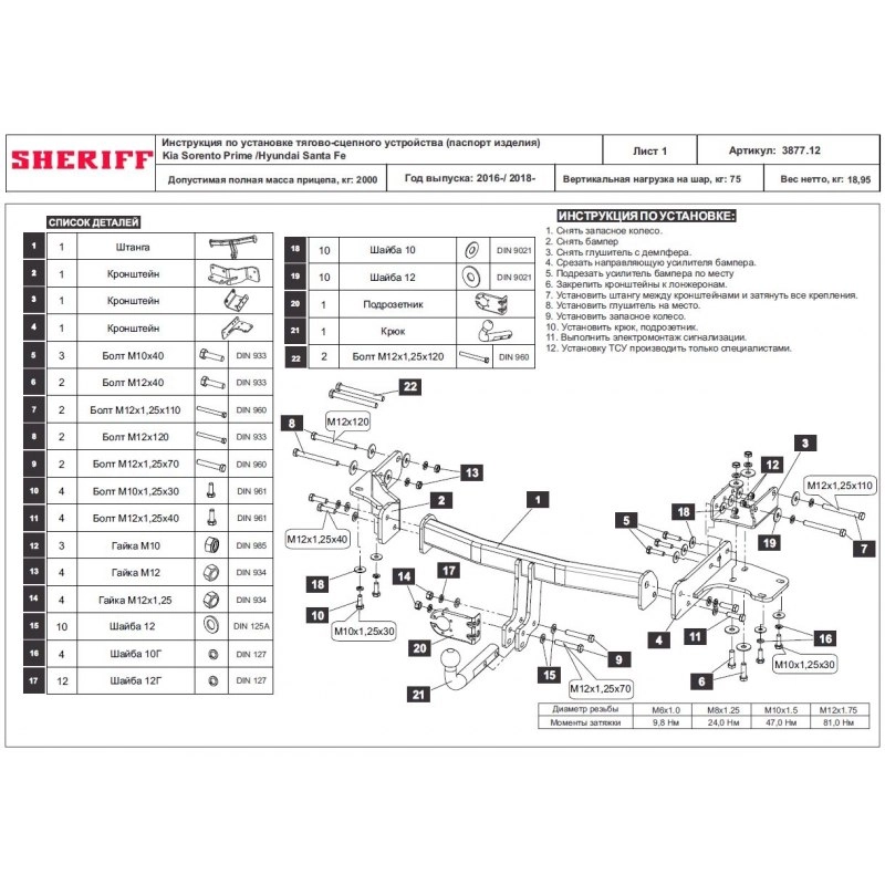 Купить фаркоп hyundai santa fe 2018-2021, kia sorento prime 2015-2020 - 3877.12 sheriff по цене 10 792 р. Низкие цены. Большой выбор. Доставка по всей России. Интернет-магазин в Москве. Только положительные отзывы!